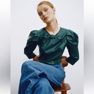 Zara Knotted Faux Leather top, green, size L NWT